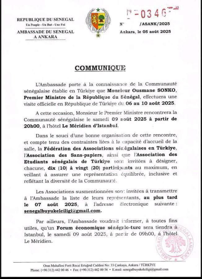 ✨DjekDiané 🇸🇳🇫🇷🇬🇳🥇⭐️✨ (@kinefatou86) on Twitter photo 🇹🇷🇸🇳Ousmane <a href="/SonkoOfficiel/">Ousmane Sonko</a> effectuera une visite officielle en Turquie
Du 06 au 09 août 2025.
📍le 09 août il rencontrera la communauté sénégalaise à Istanbul à l’hôtel méridien...
#CooperationSenegaloTurque 🇹🇷🇸🇳Ousmane <a href="/SonkoOfficiel/">Ousmane Sonko</a> effectuera une visite officielle en Turquie
Du 06 au 09 août 2025.
📍le 09 août il rencontrera la communauté sénégalaise à Istanbul à l’hôtel méridien...
#CooperationSenegaloTurque