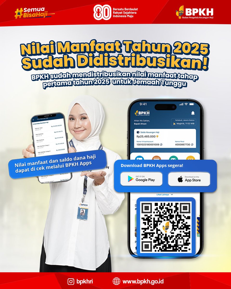 Assalamu’alaikum #HajiMuda

⁣Siapa calon jemaah haji yang lagi nunggu distribusi nilai manfaat? Pas banget sini sini!

nilai manfaat tahap pertama tahun 2025 telah didistribusikan kepada lebih dari 5.4 juta jemaah reguler dan khusus, secara detail pertumbuhan nilai manfaat dapat