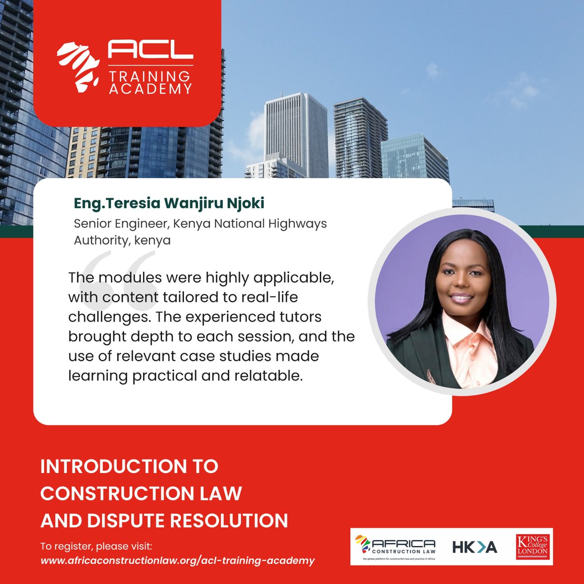 "The modules were practical, real-life focused, and expertly delivered with relevant case studies."
– Eng. Teresia Wanjiru Njoki, Kenya National Highways Authority 🇰🇪
Sept 10 – Oct 29 2025 |  Online | 8 weeks
🎓 With <a href="/HKAGlobal/">HKA</a> + <a href="/KingsCollegeLon/">King's College London</a> 
🔗 africaconstructionlaw.org/acl-training-a…
