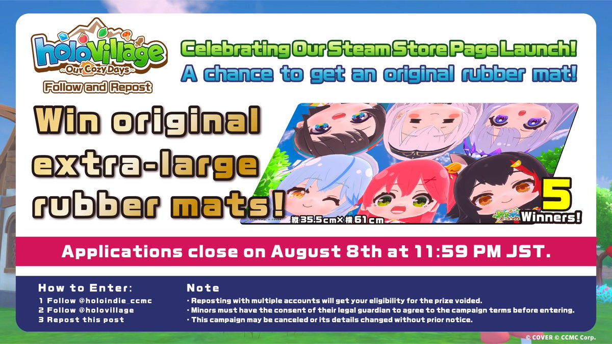 holo Indie Official (@holoindie_ccmc) on Twitter photo 🎁Giveaway🎁
holoVillage: Our Cozy Days
Celebrating the Store Opening!🎉
Five lucky winners will receive special goods!
☑How to enter
・Follow <a href="/holovillage/">ぷちホロの村 - 剣とお店と田舎暮らし</a> & <a href="/holoindie_ccmc/">holo Indie Official</a>
・Repost this post!
📅Application Period:
Until August 8th (Friday) at 11:59 PM JST!!
#holoindie 🎁Giveaway🎁
holoVillage: Our Cozy Days
Celebrating the Store Opening!🎉
Five lucky winners will receive special goods!
☑How to enter
・Follow <a href="/holovillage/">ぷちホロの村 - 剣とお店と田舎暮らし</a> & <a href="/holoindie_ccmc/">holo Indie Official</a>
・Repost this post!
📅Application Period:
Until August 8th (Friday) at 11:59 PM JST!!
#holoindie