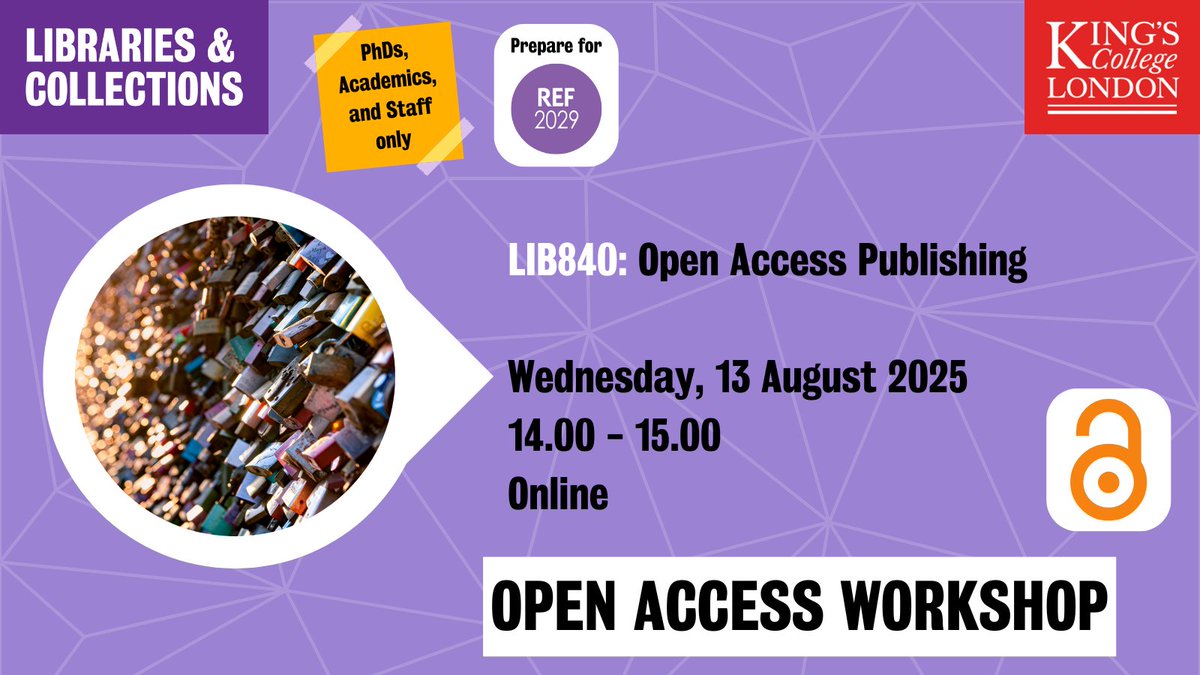 KCLOpenResearch's tweet image. Our next #OpenAccess training sessions takes place next Wednesday, 13th August, online. Places are still available:  tinyurl.com/6femkfnx
@KCLDocStudies @Kings_CATO @Kings_HSDTC @KingsLibraries @kingsmedicine @KingsIoPPN @KingsNMES @KingsSSPP