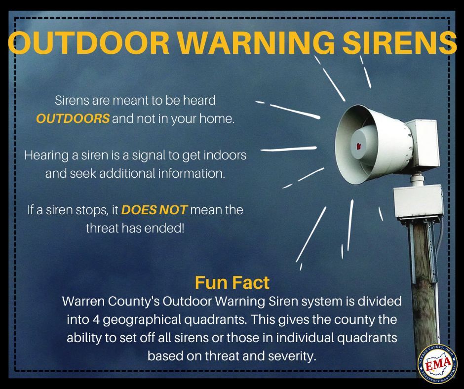 (8/6/25) 📣 Reminder that the #OutdoorWarningSirens will be tested today at noon! This test occurs on the first Wednesday of every month (weather permitting). Outdoor Warning Sirens are designed to alert individuals who are outside during a threat! 📣