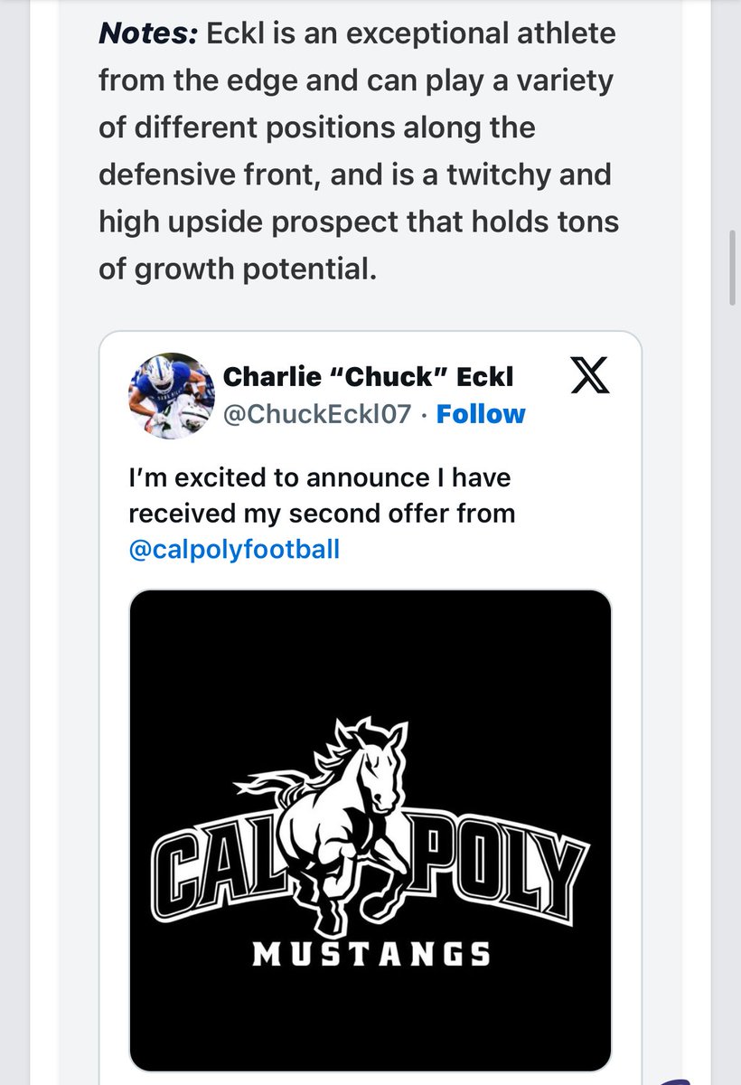 Charlie “Chuck” Eckl (@chuckeckl07) on Twitter photo Great write up <a href="/PGregorian/">Paul Gregorian</a>! Thank you! I also have to thank <a href="/calpolyfootball/">Cal Poly Football</a> Def. Line coach <a href="/WPlemons/">Will Plemons</a>, head coach <a href="/CoachWulff/">Paul Wulff</a>, & head recruiter, <a href="/CoachRomeroCP/">Keegan Romero</a> for the offer and great visit. I appreciate it. I may have some news to post in the near future. Stay tuned. Great write up <a href="/PGregorian/">Paul Gregorian</a>! Thank you! I also have to thank <a href="/calpolyfootball/">Cal Poly Football</a> Def. Line coach <a href="/WPlemons/">Will Plemons</a>, head coach <a href="/CoachWulff/">Paul Wulff</a>, & head recruiter, <a href="/CoachRomeroCP/">Keegan Romero</a> for the offer and great visit. I appreciate it. I may have some news to post in the near future. Stay tuned.