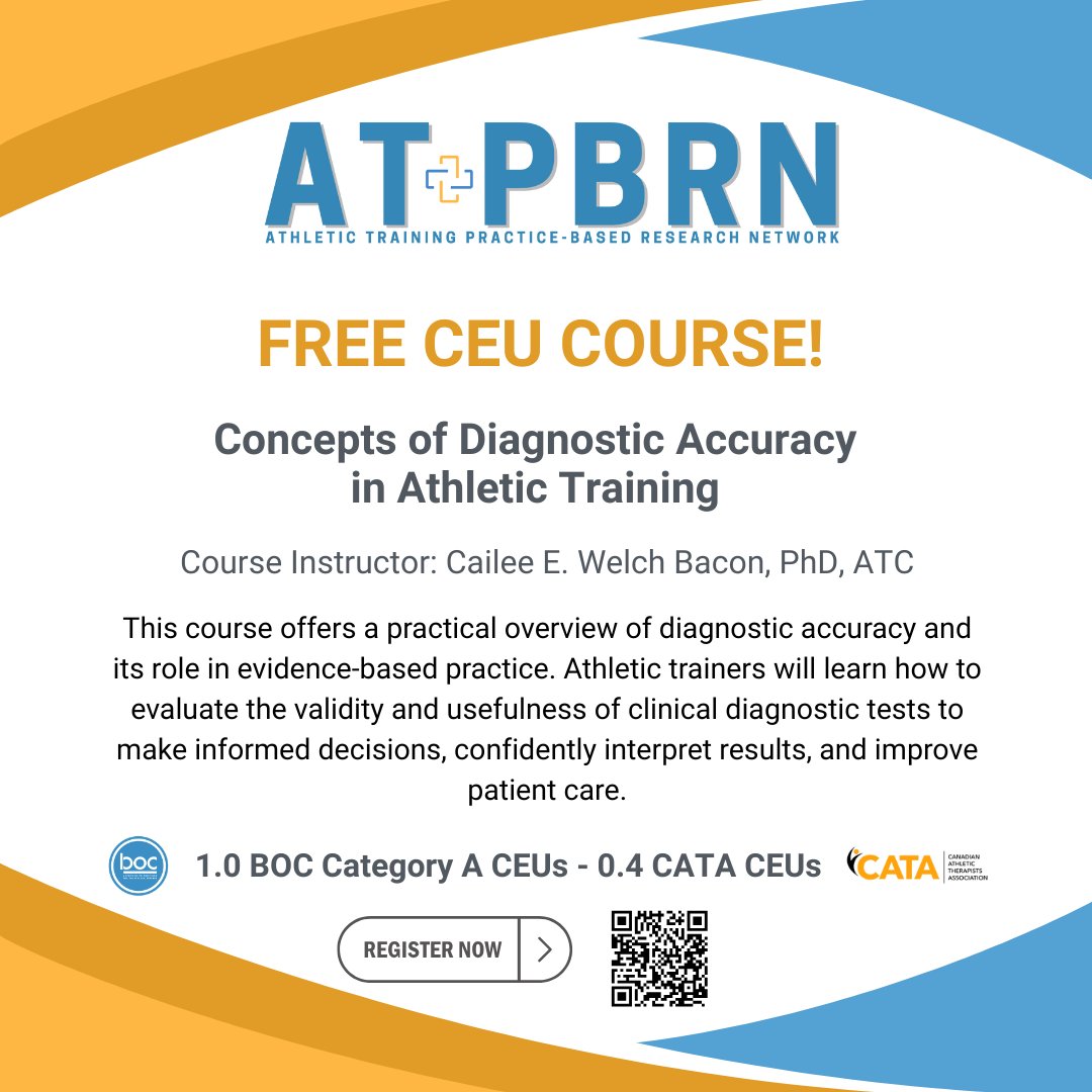 FREE CEU COURSE: Concepts of Diagnostic Accuracy in AT

Learn how to evaluate the validity and usefulness of clinical diagnostic tests to make informed decisions and improve patient outcomes.

Earn 1.0 BOC CEU | 0.4 CATA CEUs
#AthleticTraining #DiagnosticAccuracy #FreeCEU #ATPBRN