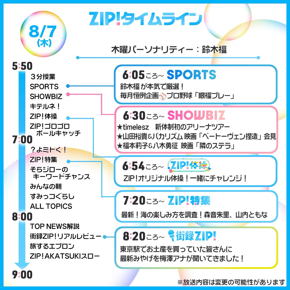 ☀️8/7(木)あしたのZIP!タイムライン☁️ ZIP!スポーツは #鈴木福 が