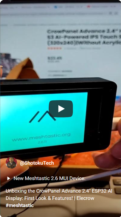 Join us as we unbox the CrowPanel Advance 2.4" ESP32 AI Display from Elecrow! It is perfect for Meshtastic enthusiasts. youtube.com/shorts/Wa238Cc…
#Meshtastic <a href="/Elecrow1/">Elecrow</a> <a href="/TheMeshtastic/">Meshtastic</a>