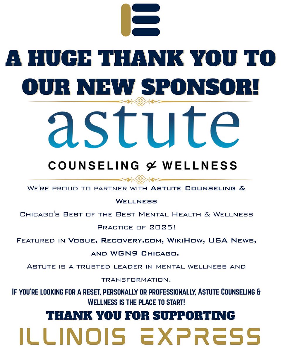 We're excited to welcome Astute Counseling &amp; Wellness as a proud sponsor of Illinois Express!

#AstuteCounselingAndWellness #IllinoisExpress #Sponsorship #MentalHealthMatters #MentalHealth