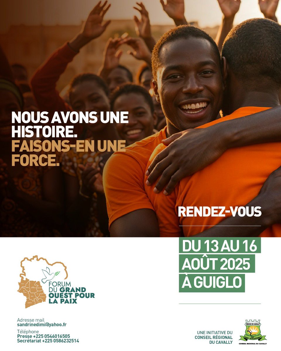 1 forum. 1 région. 1 avenir à construire.

Le Forum de la Paix du Grand Ouest, c’est plus qu’un événement : C’est un espace d’expression, de mémoire et d’engagement.

#ForumDeLaPaix #GrandOuest #Cavally #PaixEtDéveloppement #CohésionSociale #HéritageCommun