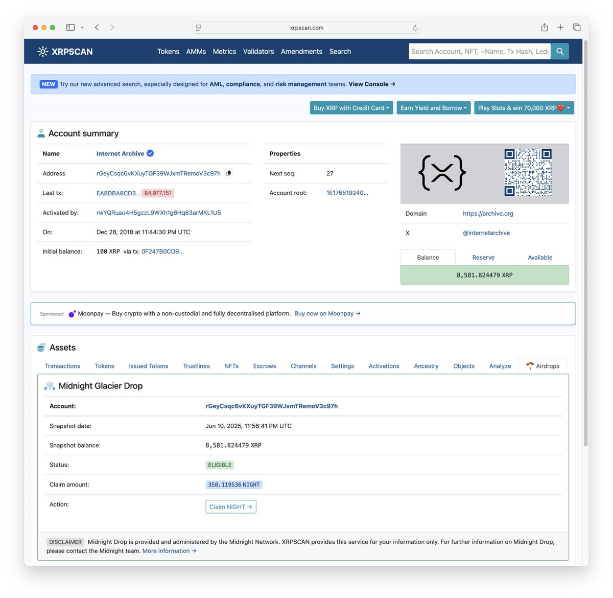 Announce: The <a href="/midnightfdn/">Midnight Foundation</a> Glacier Drop page is live on <a href="/xrpscan/">XRPScan</a>. Wondering if your XRP wallet is eligible for the drop? Head over to xrpscan, search for your account and click on Airdrops tab.

Safety tips:
- Only sign-in with supported wallets. Do not trust anonymous persons