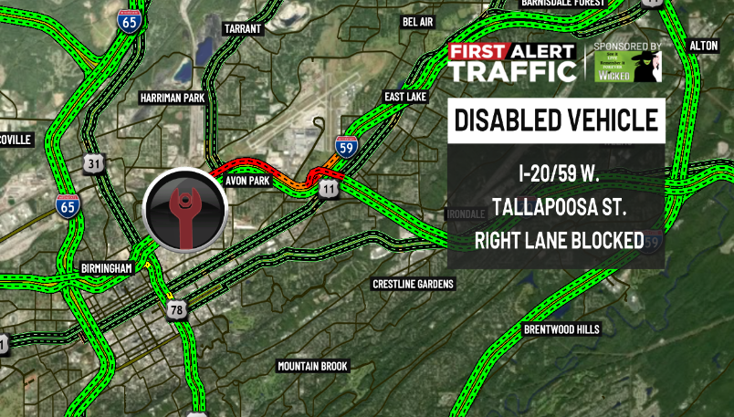 WBRC 6 Traffic (@wbrctraffic) on Twitter photo First Alert:
There is a disabled vehicle on I-20/59 W. at Tallapoosa St. blocking the right lane. <a href="/WBRCnews/">WBRC 6 News</a> #wbrctraffic First Alert:
There is a disabled vehicle on I-20/59 W. at Tallapoosa St. blocking the right lane. <a href="/WBRCnews/">WBRC 6 News</a> #wbrctraffic