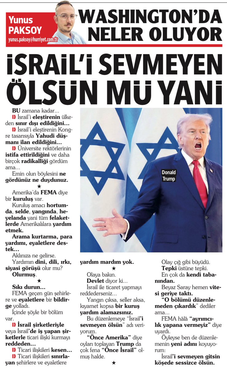 Yunus Paksoy (@yunuspaksoy) on Twitter photo İSRAİL’İ SEVMEYEN ÖLSÜN MÜ YANİ
Bu zamana kadar...
- İsrail’i eleştirenin ülkeden sınır dışı edildiğini...
- İsrail’i eleştirenin Kongre tasarısıyla Yahudi düşmanı ilan edildiğini...
- Üniversite rektörlerinin istifa ettirildiğini ve daha birçok radikalliği gördüm ama...
Emin İSRAİL’İ SEVMEYEN ÖLSÜN MÜ YANİ
Bu zamana kadar...
- İsrail’i eleştirenin ülkeden sınır dışı edildiğini...
- İsrail’i eleştirenin Kongre tasarısıyla Yahudi düşmanı ilan edildiğini...
- Üniversite rektörlerinin istifa ettirildiğini ve daha birçok radikalliği gördüm ama...
Emin