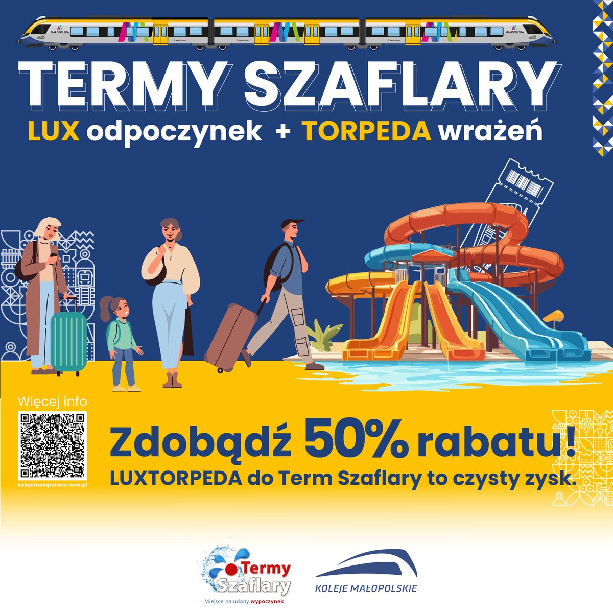 Czy już skorzystałeś z naszej wakacyjnej promocji i odwiedziłeś Termy w Szaflarach?

Jeśli nie to koniecznie wsiądź do pociągu LUXTORPEDA  i skorzystaj z wyjątkowej oferty:

🎟️ 50% zniżki na całodzienny pobyt w Termach na podstawie biletu zakupionego na przejazd LUXTORPEDĄ!