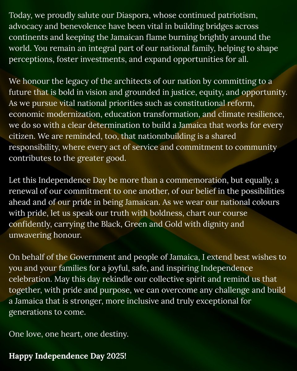 Ministry of Foreign Affairs and Foreign Trade, GOJ (@mfaftja) on Twitter photo Foreign Minister, Senator the Honourable <a href="/kaminajsmith/">Hon. Kamina J Smith</a> and by extension, the Ministry of Foreign Affairs and Foreign Trade join Jamaicans at home and across the Diaspora in commemorating 63 years of Independence.
In 1962, a newly independent Jamaica entered the global community Foreign Minister, Senator the Honourable <a href="/kaminajsmith/">Hon. Kamina J Smith</a> and by extension, the Ministry of Foreign Affairs and Foreign Trade join Jamaicans at home and across the Diaspora in commemorating 63 years of Independence.
In 1962, a newly independent Jamaica entered the global community