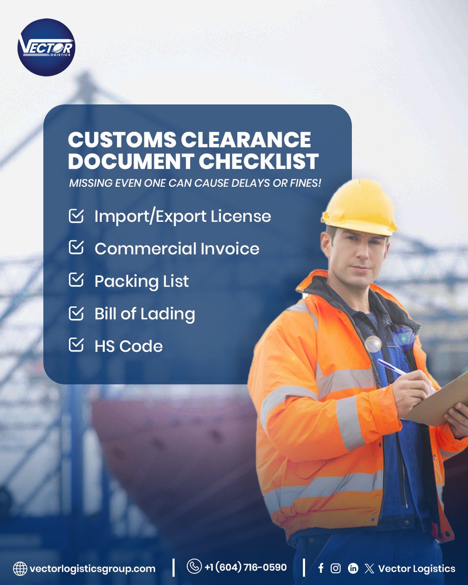 vectorlogigroup's tweet image. 🚢 Avoid Delays, Avoid Fines!
Customs clearance can be tricky — but not if your documents are in check! ✅
Swipe through this checklist &amp;amp; make sure your next shipment sails smoothly.

#ImportExportTips #ShippingChecklist #LogisticsMadeEasy #VectorLogisticsGroup #TradyHive