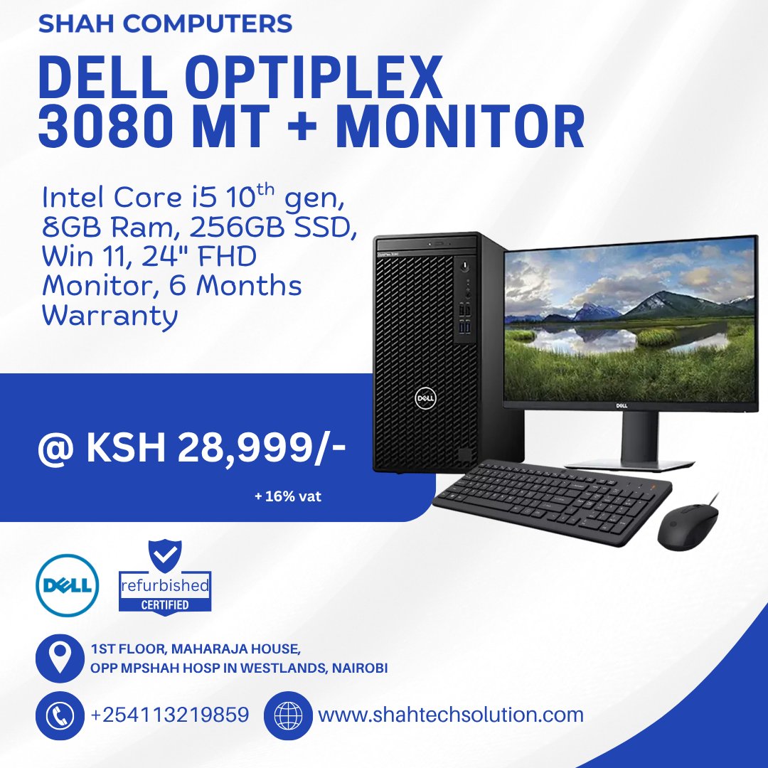 shahcomputers_'s tweet image. Boost your startup, school, or office with the Dell OptiPlex 3080 MT + 24&quot; FHD Monitor.
💻 i5 10th Gen | 8GB RAM | 256GB SSD | 6 Months Warranty
Only KSh 28,999/- + VAT!
📞 0113219859 | 🌐 shahtechsolution.com
