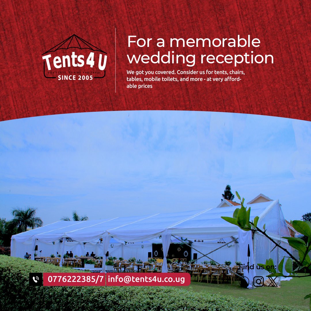 Tents4U Ltd (@tents4uganda) on Twitter photo Your dream wedding could still be a dream come true. All you need a reliable service provider. Letโs be that partner for you!
______________
Connect with us today
โ๏ธ 0776 222 385/7
๐จ info@tents4u.co.ug
๐ป tents4u.co.ug Your dream wedding could still be a dream come true. All you need a reliable service provider. Letโs be that partner for you!
______________
Connect with us today
โ๏ธ 0776 222 385/7
๐จ info@tents4u.co.ug
๐ป tents4u.co.ug