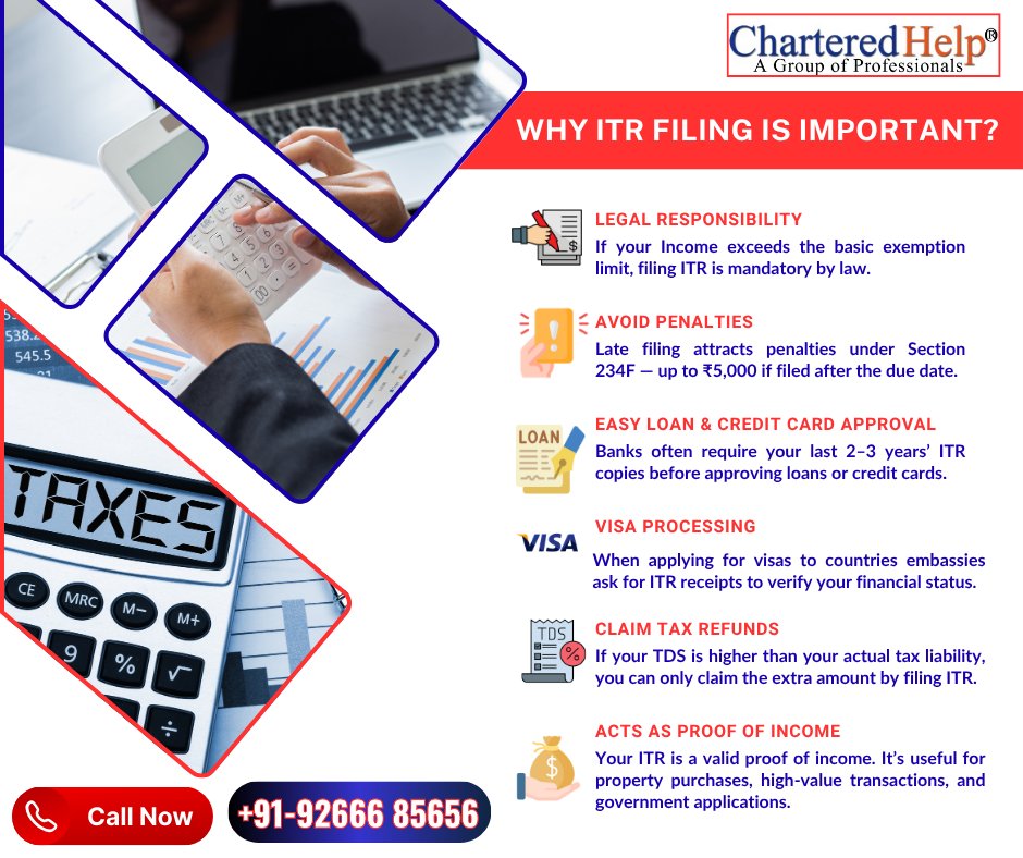Chartered_help's tweet image. Filing your ITR is more than just a tax form – it’s your ticket to financial security, easy loans, quick visa approvals, and legal compliance 
✅📄 Don’t wait for the last date… file your ITR today!
💼 Need help? Charteredhelp is here for you!&quot;

#itr #incometaxreturn #fileitr