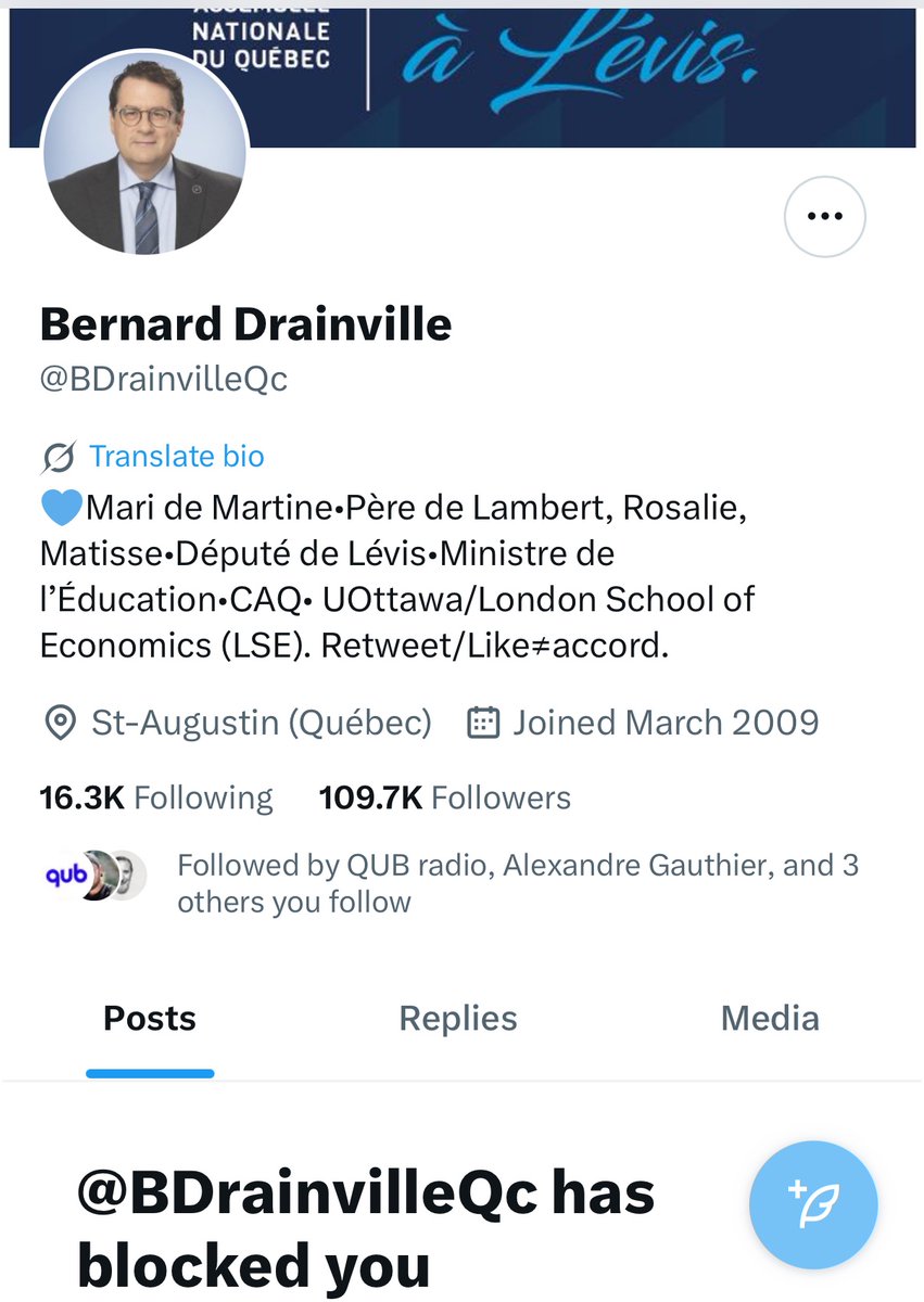 SebPSG1781's tweet photo. @BDrainvilleQc Ah il aime pas la controverse Bernard. T’es pas d’accord avec lui : bloqué 
C’est ça la démocratie selon la caq https://t.co/T3Vp7b82t0