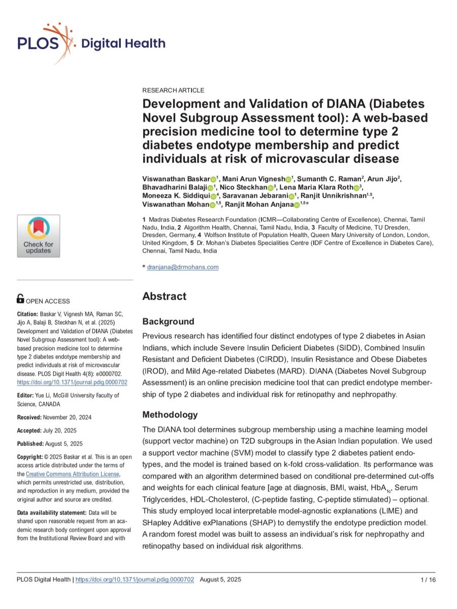 Proud to share our latest milestone!

Our paper on DIANA – Diabetes Novel Subgroup Assessment Tool is now published in PLOS Digital Health! 

🔗 Read here: journals.plos.org/digitalhealth/…

What is DIANA?

A web-based precision medicine tool we developed to:
✅ Identify endotypes in Type