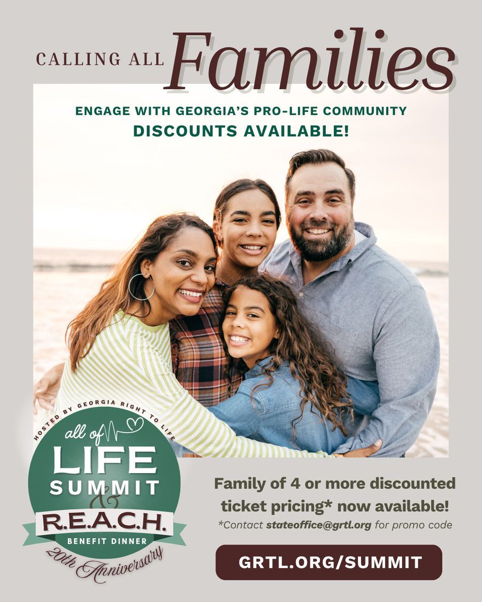 Bring the whole family to the 2025 All of Life Summit.
We’re offering a special discounted rate for families of 4 or more—because being pro-life means supporting strong, life-affirming families.
Come learn, grow, and stand for truth together.
October 2–3, 2025 | Cobb Energy