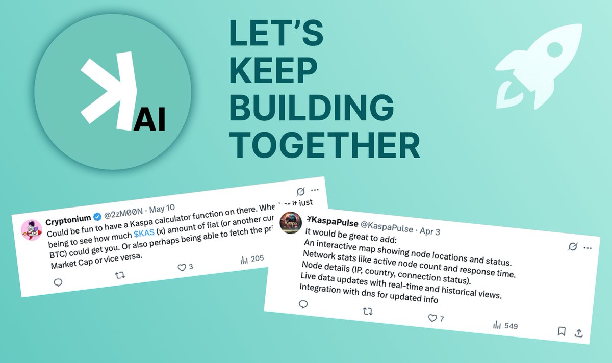 KaspaLens's tweet image. 🚀 What should we build next in the Kaspa AI app?

Hey everyone!
The last feature we launched &quot;Kaspa Daily Pulse&quot; was a super exciting one: a daily audio recap of what the community has been buzzing about in the last 24 hours. Pretty cool, right? 🎙️🔥

But now it’s time to build…