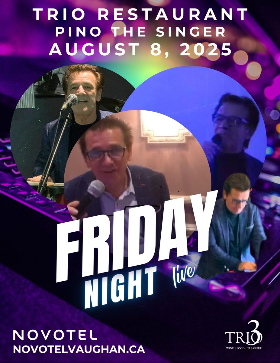 NovotelVaughan's tweet photo. Join us for the launch of Friday Night Live 🎶 featuring Pino Serpa this Friday, August 8, beginning at 7pm. 

Book your table: 
📞 905.695-1735 
🌐 https://t.co/XAXzoNtDss 

#fridaynightlive 
#livemusic 
#liveentertainment 
#triorestaurant 
#novotelvaughan https://t.co/LnBqVBAzbX