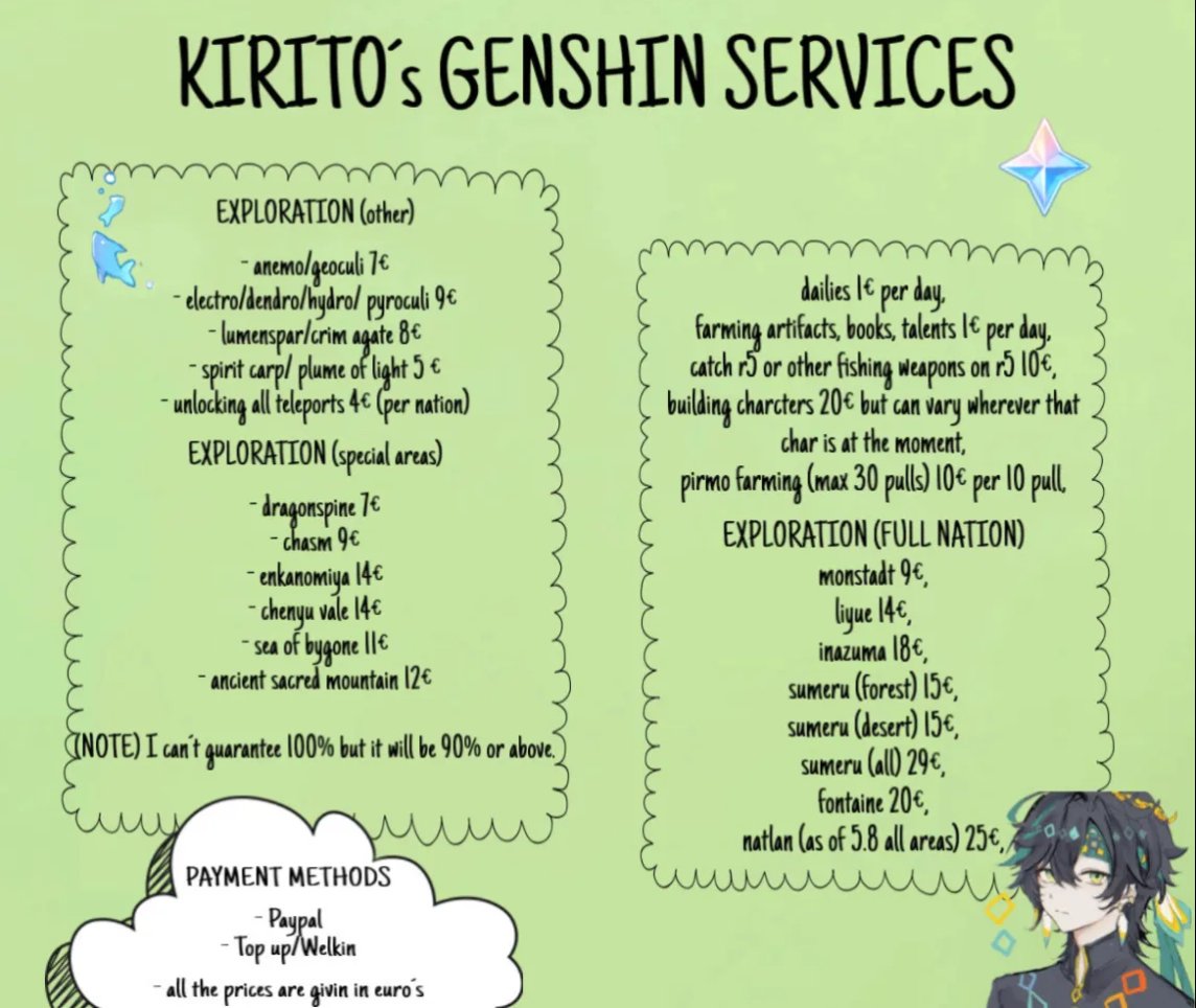 KirigayaNoa's tweet image. hey everyone my name is Kirito im a genshin pilot! If you need help with exploration, quest´s or anything else be free to check out my services. My pricelist is down below. 

#GenshinImpact #genshinpilotservices #genshintwt