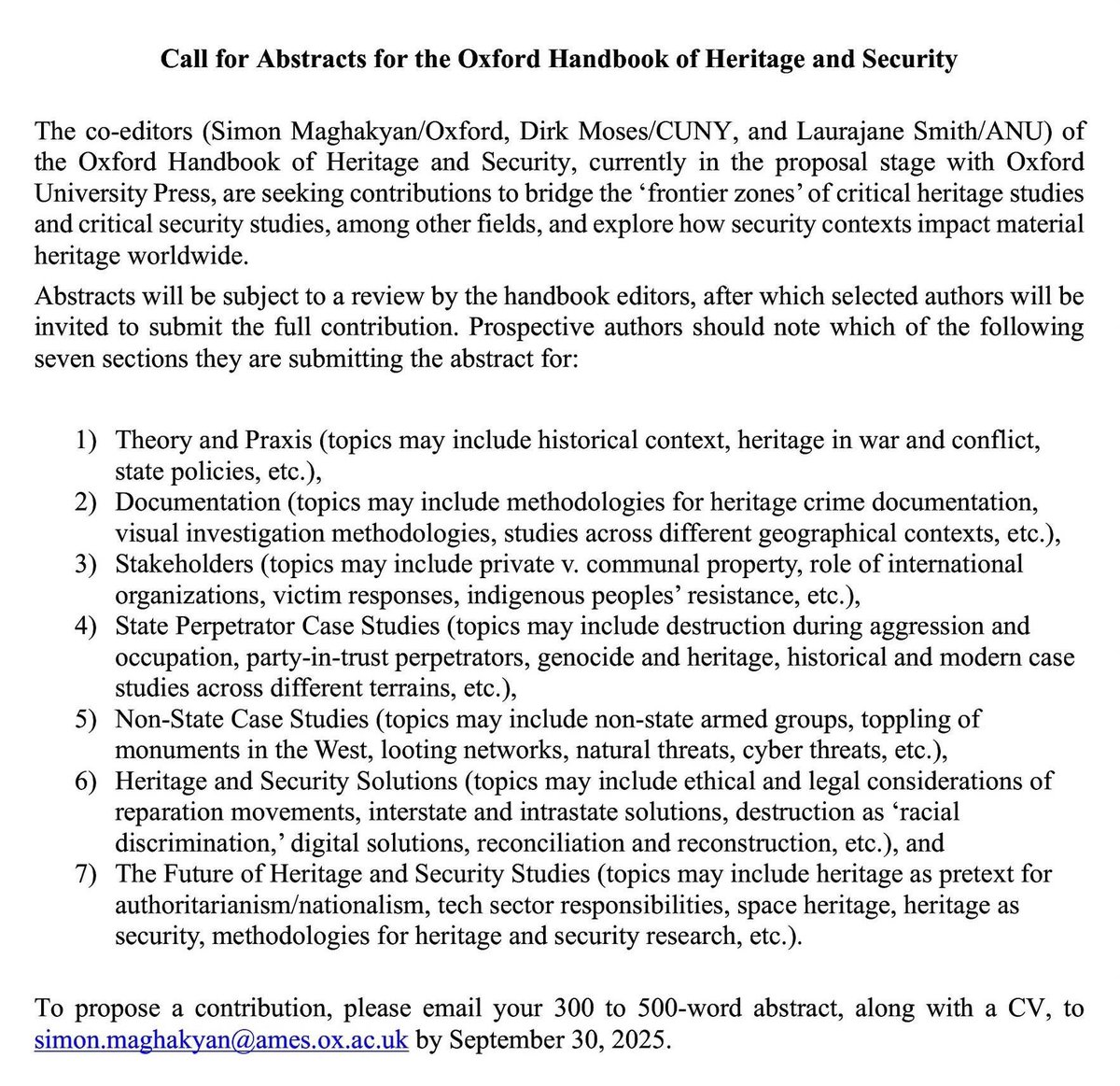 Simon Maghakyan (@simonforco) on Twitter photo Call for Abstracts: Laurajane Smith, <a href="/dirkmoses/">Dirk Moses</a>, and I are seeking contributions to bridge the ‘frontier zones’ of critical heritage studies and critical security studies, among other fields, and explore how security contexts impact material heritage worldwide. Call for Abstracts: Laurajane Smith, <a href="/dirkmoses/">Dirk Moses</a>, and I are seeking contributions to bridge the ‘frontier zones’ of critical heritage studies and critical security studies, among other fields, and explore how security contexts impact material heritage worldwide.