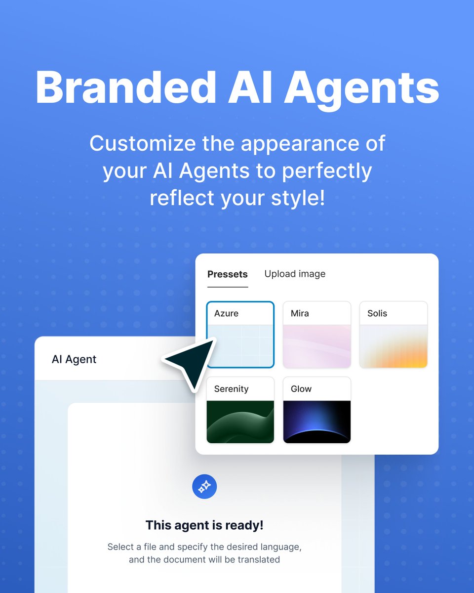 nimbuswebinc's tweet image. 🆕 #FuseBaseUpdate!
On-brand, on-point #AI Agents are here 🔥 Now, your Agents can look just as stunning as your portals!

🎨 Customize the backdrop&apos;s color or image
🖼️ Use preset images or upload your own + optional blur
🧩 Your agent&apos;s style auto-matches your portal&apos;s look and…