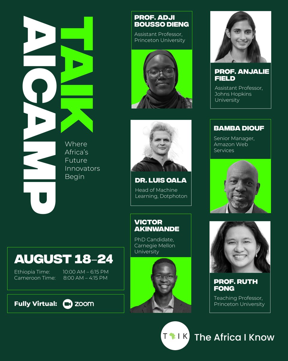 theafricaiknow_'s tweet image. Meet the AI Experts Speaking at TAIK AI Camp 💚 

These are the brilliant speakers powering this year’s TAIK AI Camp! Get ready to learn from global AI leaders, innovators, and changemakers. 

#TAIKAICamp2025 #AfricanInnovation #TechForChange
