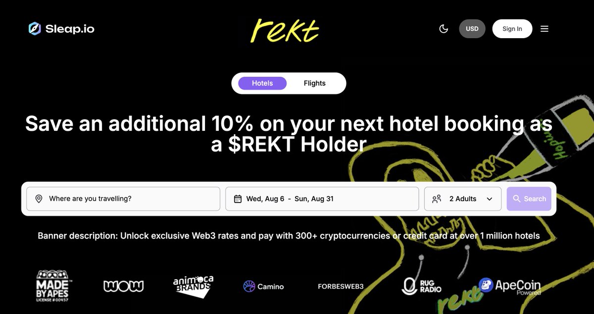 Getting REKT never looked this rewarding.

The @rektcoin community just unlocked even cheaper stays - with an extra 10% off our already discounted rates.

Available on any booking made in August (even if you travel later) 👇

sleap.io/event/rekt?utm…