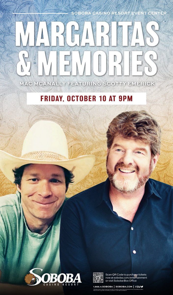 Mac McAnally (@macmcanally) on Twitter photo JUST ANNOUNCED! Catch Mac McAnally for Margaritas and Memories in San Jacinto, CA on Friday, October 10th <a href="/SobobaCasino1/">Soboba Casino Resort</a> with special guest <a href="/ScottyEmerick/">Scotty Emerick</a>
Tickets go on sale this Friday, August 8th at 10am PT HERE: macmcanally.com/tour JUST ANNOUNCED! Catch Mac McAnally for Margaritas and Memories in San Jacinto, CA on Friday, October 10th <a href="/SobobaCasino1/">Soboba Casino Resort</a> with special guest <a href="/ScottyEmerick/">Scotty Emerick</a>
Tickets go on sale this Friday, August 8th at 10am PT HERE: macmcanally.com/tour
