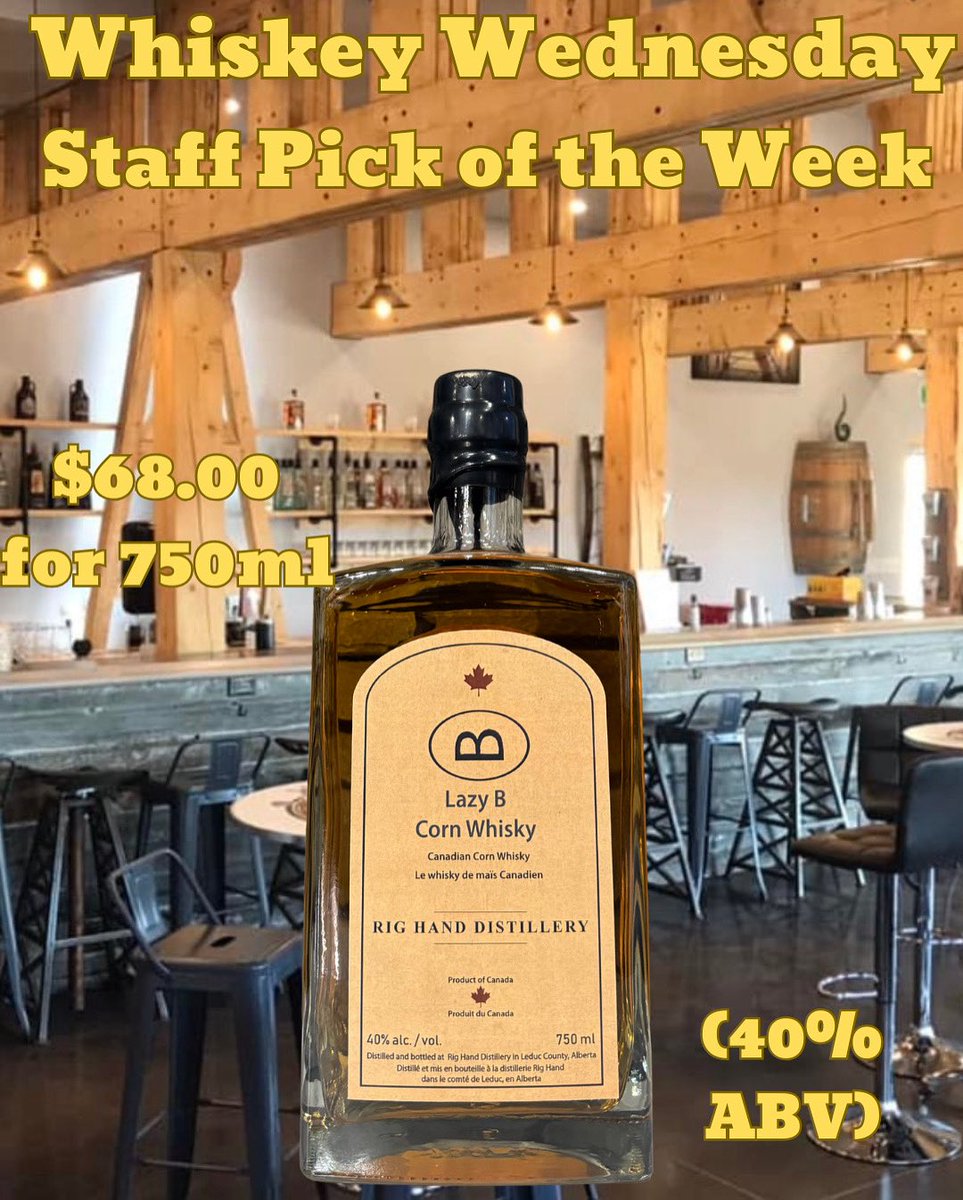It comes around every week, Whiskey/Whisky Wednesdays! This weeks staff pick is <a href="/RigHandSpirits/">Rig Hand Distillery</a> very own Lazy B #Corn #Whisky! #whiskey #whisky #cornwhisky 
“Lazy B Corn Whisky is made with bourbon-style craftsmanship, delivering deep corn sweetness &amp; a rich, smooth character!”