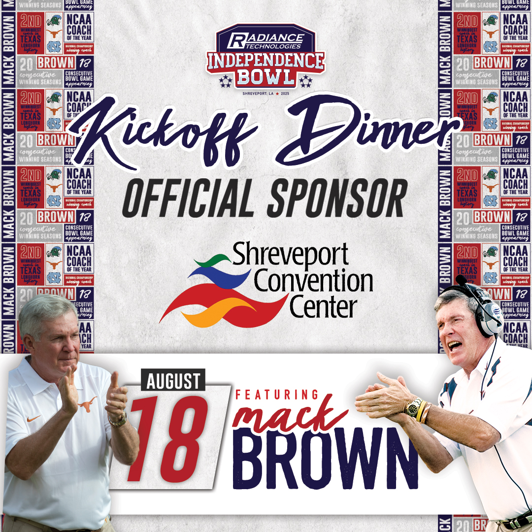 Proud to have the @ShreveportCTR as a co-presenting sponsor for this year’s Radiance Technologies Independence Bowl Kickoff Dinner! 

📅 Aug 18 
Special guest: Mack Brown
🎟️ Tickets → bit.ly/456I7HZ