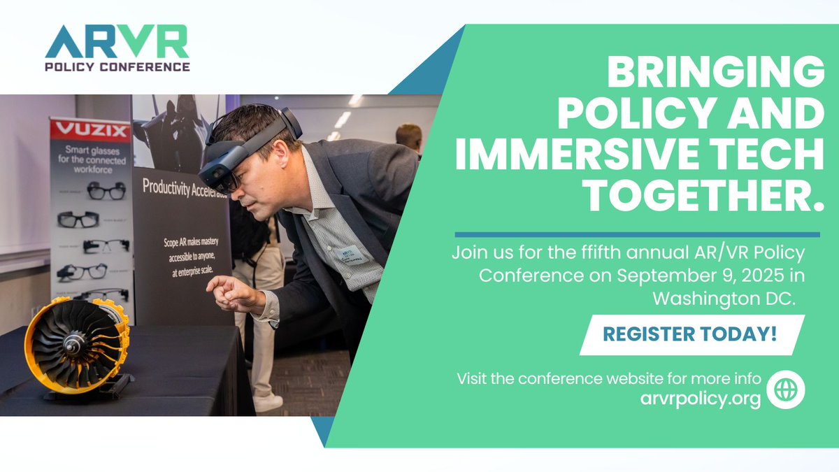 🎉 It’s our fifth anniversary!

The AR/VR Policy Conference is back.

New tech. New challenges. New opportunities.

We'll talk AI, crypto, &amp; more on Sept 9 in DC at #ARVRPolicy2025👇
arvrpolicy.org