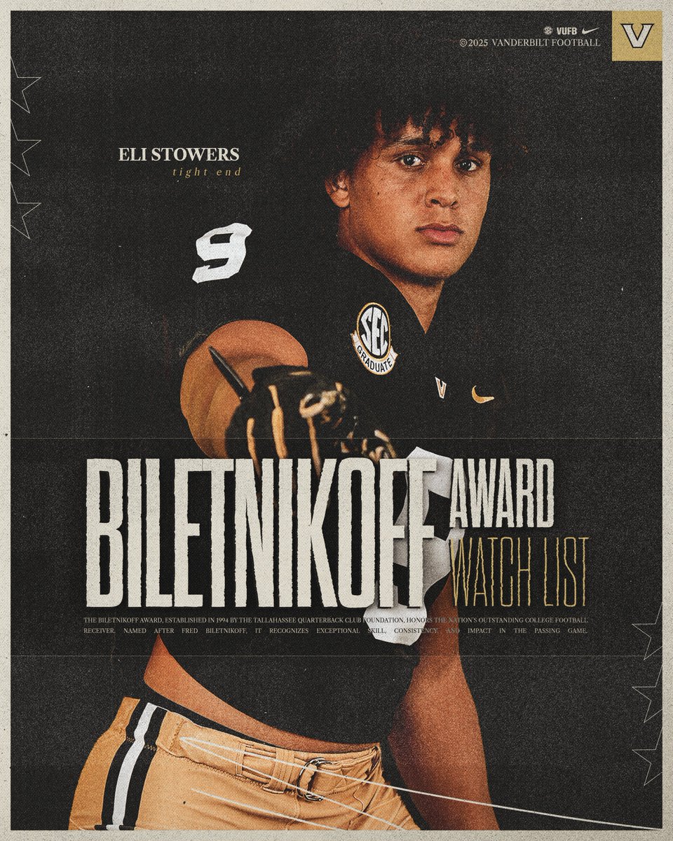 VandyFootball's tweet image. Biletnikoff Award Watch List

⚓️ Eli Stowers