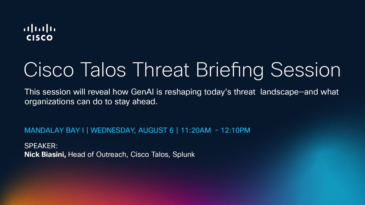 Join us today at Black Hat for the Cisco Talos Threat Briefing Session. We will break down how generative AI is being used by attackers as a lure, a tool, and a weapon—and what security teams need to do to stay ahead of evolving threats: cs.co/6018f9g3m