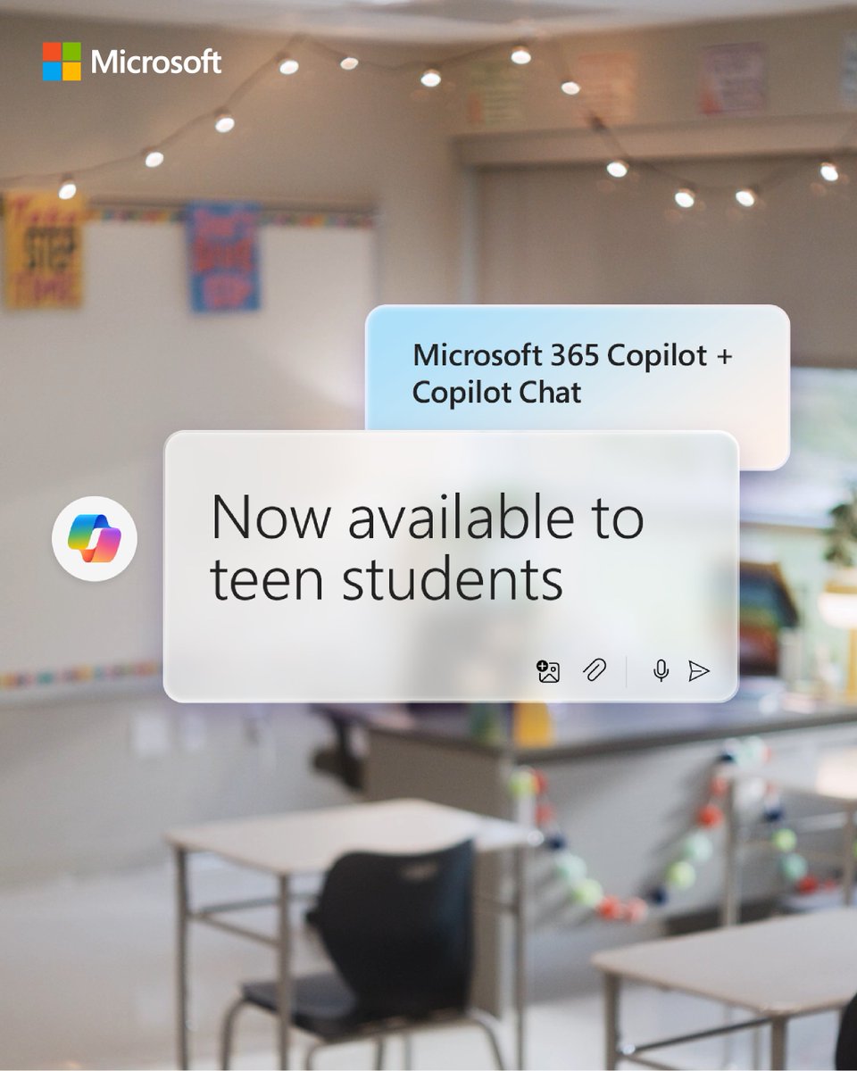 MicrosoftEDU's tweet photo. Available now—empower your students to learn in new ways with Microsoft 365 Copilot Chat, built with enterprise-grade data protection and IT controls.

Learn more about providing access to Copilot Chat: https://t.co/SGHDmKjL1m #MicrosoftEDU https://t.co/EgukK3yZTK