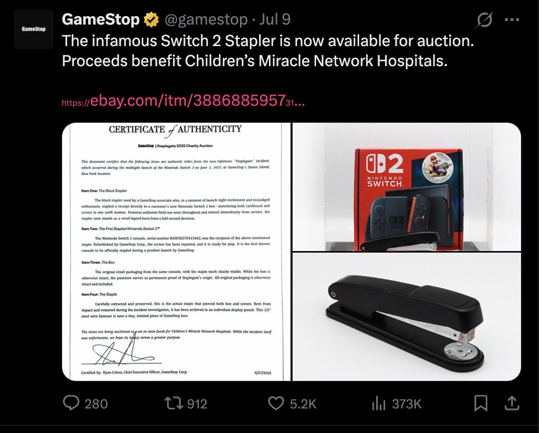 Fanzo (@isocialfanz) on Twitter photo In July 2025, a simple stapler mishap at GameStop became a $250K charity auction goldmine.
<a href="/ryancohen/">Ryan Cohen</a> turned blunder into brilliance, proving his growth marketing and meme tactics could rocket $GME stock and everything @Gamestop
Here's why. 🧵1/9 In July 2025, a simple stapler mishap at GameStop became a $250K charity auction goldmine.
<a href="/ryancohen/">Ryan Cohen</a> turned blunder into brilliance, proving his growth marketing and meme tactics could rocket $GME stock and everything @Gamestop
Here's why. 🧵1/9