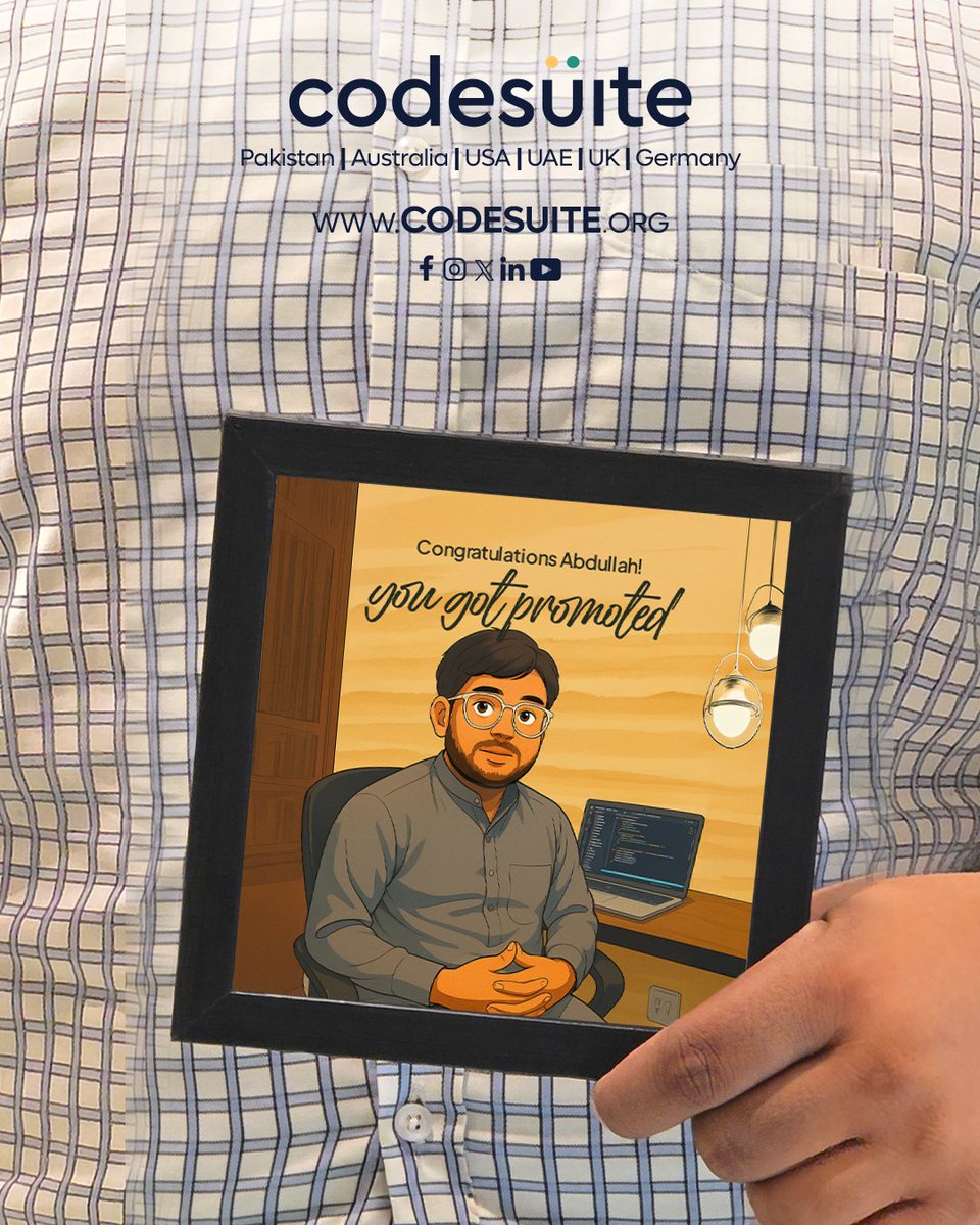 code_suite's tweet image. Big shoutout to Abdullah — officially promoted to Team Lead at CodeSuite!
We’re proud, grateful, and slightly jealous. Congrats, bossman! 👏🔥
#TeamLead #CodeSuitePromotions #PromotionUnlocked #BeyondTheCode #LeadershipVibes #GrindToGlory #OfficeUpgrade #WorkFamCelebration