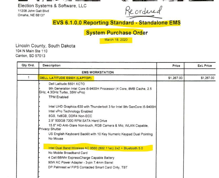 SDCanvass's tweet image. Here is the receipt for Lincoln County's "hardened" (no internet capability) Election Management System.
This laptop was certified to EVS 6.1.0.0, which is even listed at the top of the invoice.
The EAC's EVS 6.1.0.0. certification only lists the Dell Latitude 5580 and 3 desktops