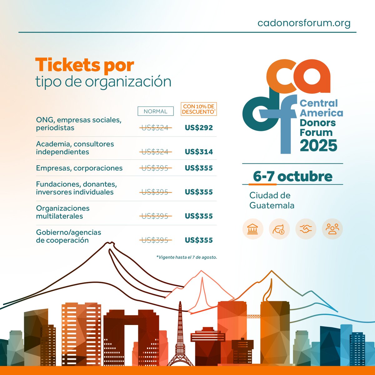 ¡Último descuento!
Este 7 de agosto termina la venta de tickets del #CADF2025 con descuento. Reserve su lugar en este encuentro regional único en el que conversamos, proponemos y fomentamos alianzas en favor de Centroamérica. 
Más información: cadonorsforum.org/inscripcion/