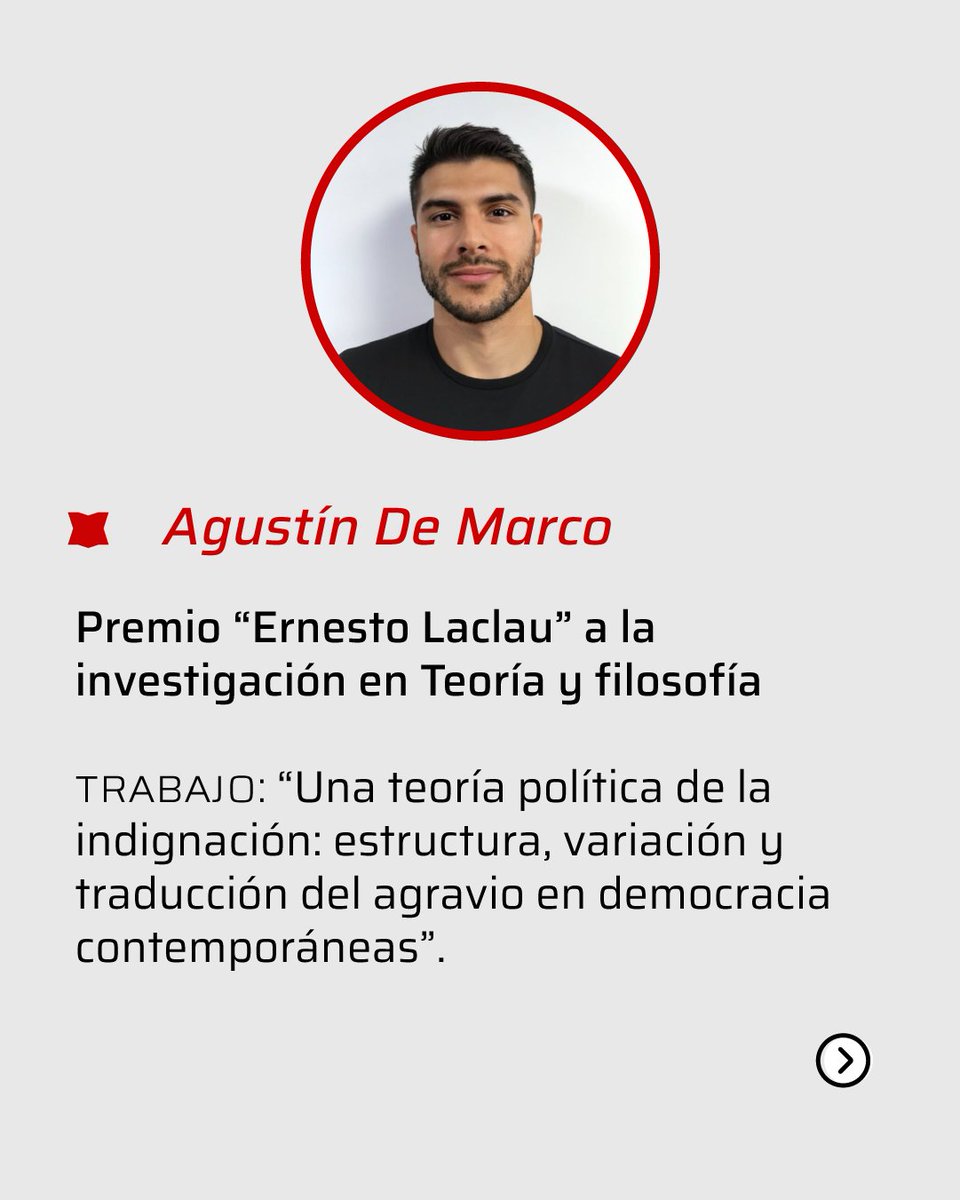 ➡️ Premio “Ernesto Laclau” a la investigación en Teoría y filosofía política para Agustín De Marco (<a href="/agustindmuba/">Agustín De Marco</a>): “Una teoría política de la indignación: estructura, variación y traducción del agravio en democracia contemporáneas”.

👏 ¡FELICITACIONES A TODXS! 👏
