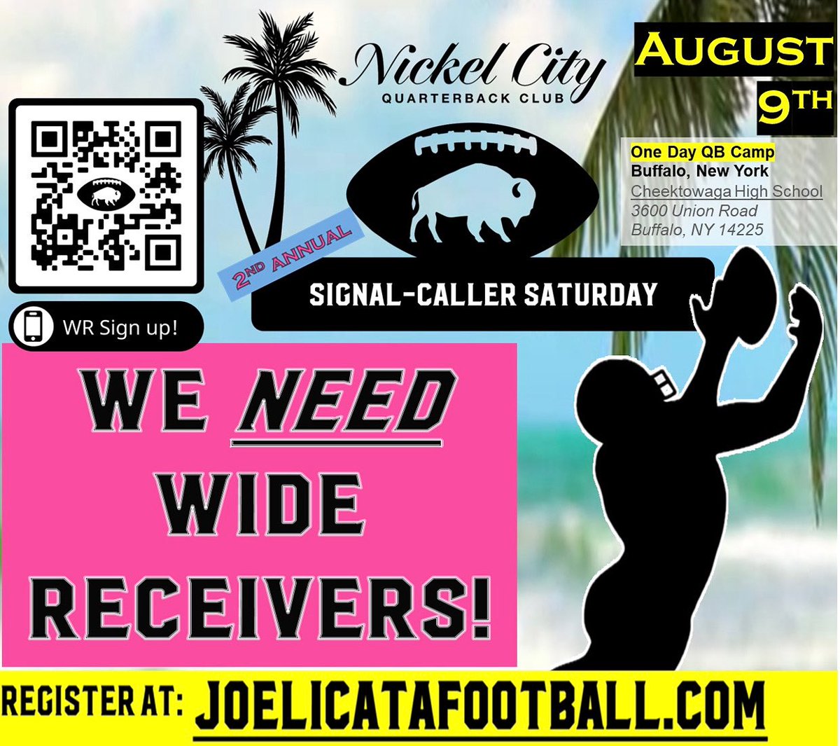 📢 Wideouts, it’s your time to shine!
🔥 The 2nd Annual Signal-Caller Saturday is @ Cheektowaga High School Aug 9th—and we’re inviting all WRs to level up with us- for FREE! 
🎯 Come catch routes,
📍 Buffalo, NY
📝 Register now at joelicatafootball.com

#NickelCityQBClub
