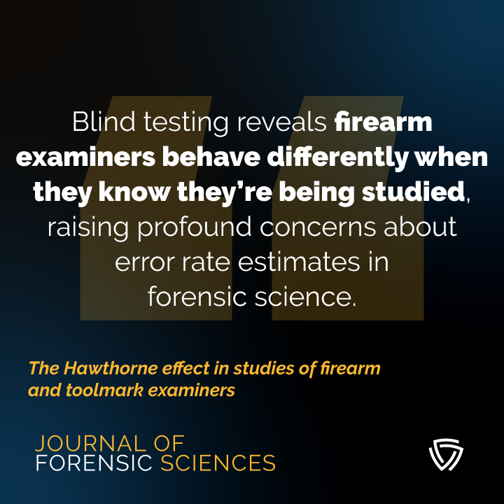 The_AAFS's tweet image. A new study shows #FirearmExaminers made 43.5% more inconclusive calls when they knew they were being tested.

This Hawthorne effect shows why #BlindTesting is essential in forensic science.

Exciting research published in #JFS! (@Social_Ecology) doi.org/10.1111/1556-4…