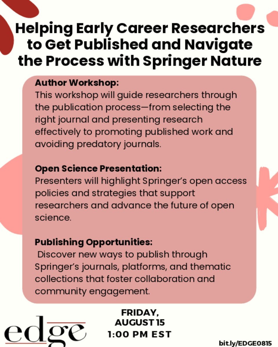 AssocForWomenInMath (@awmmath) on Twitter photo ๐ Early Career Researchers! Want to get published but not sure where to start? Join our EDGE Webinar, โHelping Early Career Researchers to Get Published & Navigate the Process," and get expert tips from editors at <a href="/SpringerNature/">Springer Nature</a>!
๐๏ธ Aug 15 | 1PM ET
๐ bit.ly/EDGE0815 ๐ Early Career Researchers! Want to get published but not sure where to start? Join our EDGE Webinar, โHelping Early Career Researchers to Get Published & Navigate the Process," and get expert tips from editors at <a href="/SpringerNature/">Springer Nature</a>!
๐๏ธ Aug 15 | 1PM ET
๐ bit.ly/EDGE0815