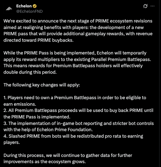 Huge update on $PRIME Emissions and Economy from <a href="/EchelonFND/">Echelon</a>

For the next three <a href="/ParallelTCG/">Parallel</a> Battle Pass Seasons, buyers of the Premium battle pass should see a ~2X increase in net $PRIME earnings from gameplay

Additionally, for the next three BP Seasons all revenue generated