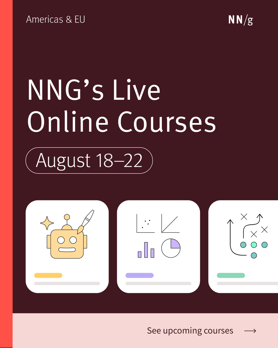 NNgroup's tweet photo. Ready to level up your UX skills? 🎯
Join our August 18-22 UX training:
→ Live courses with NN/g experts
→ Hands-on exercises
→ Path to UX certification
Enroll today: https://t.co/FawvDz512c
#UXDesign #UXTraining https://t.co/YP1w6GddqA