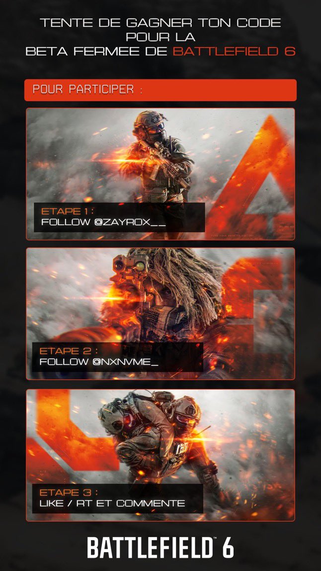 ZayRoX__'s tweet image. Comme la bêta fermée de #BF6 arrive on vous fait gagner 20 codes avec mon frérot @NxNvMe_  ! #BF6Beta 

Vous avez juste à follow @ZayRoX__ &amp;amp; @NxNvMe_  ET RT &amp;amp; LIKE CE TWEET 😎

T.A.S. Vendredi