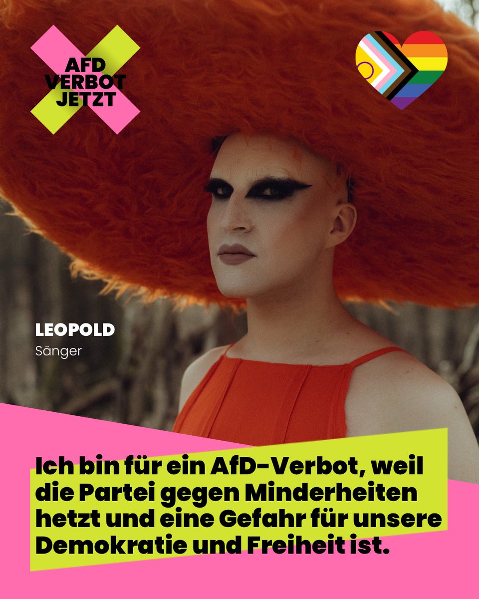Ich bin für ein #AfDVerbot, weil die Partei gegen Minderheiten hetzt und Menschenrechte mit Füßen tritt.

Sie bedroht die Freiheit von Frauen, von queeren Personen, von Menschen mit Migrationsgeschichte, von Menschen mit Behinderungen.

Die AfD ist eine Gefahr für uns alle.
